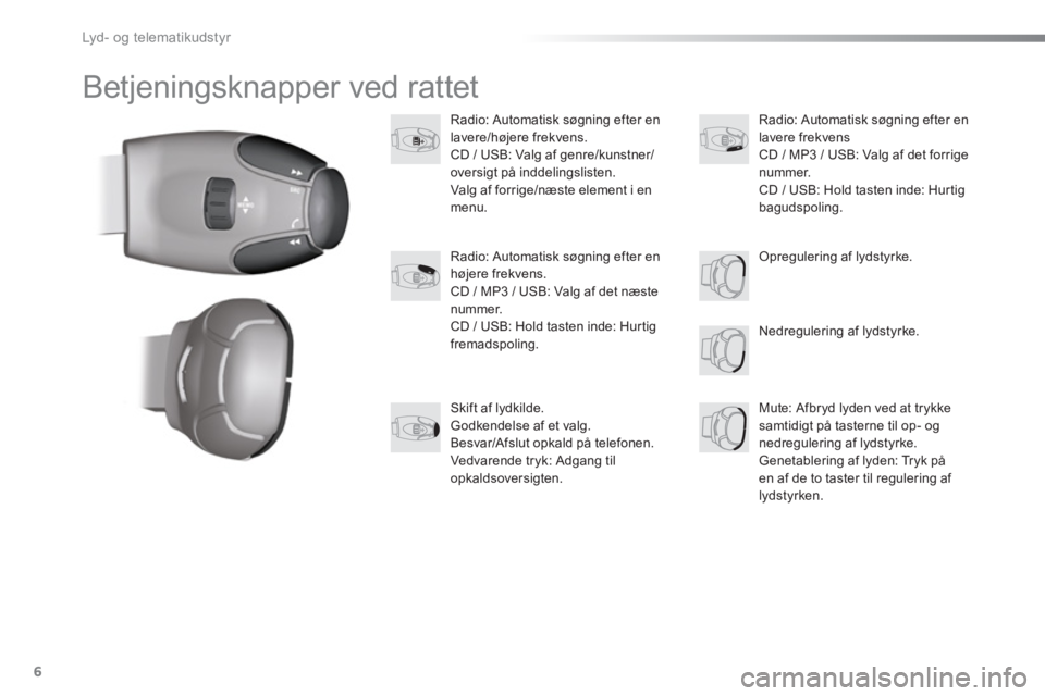 Peugeot 301 2015  Instruktionsbog (in Danish)   Lyd - o g te l e m at i k u d st y r 
6
  Betjeningsknapper ved rattet 
 
 
 
 
 
 
 
Radio: Automatisk søgning efter en 
lavere/højere frekvens. 
  CD / USB: Valg af genre/kunstner/
oversigt på 