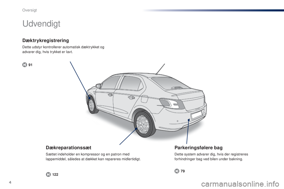 Peugeot 301 2015  Instruktionsbog (in Danish) 4
91122 79
301_da_Chap00b_vue-ensemble_ed01-2014
Dæktrykregistrering
Dette udstyr kontrollerer automatisk dæktrykket og 
advarer dig, hvis trykket er lavt.
Udvendigt
Dækreparationssæt
Sættet inde