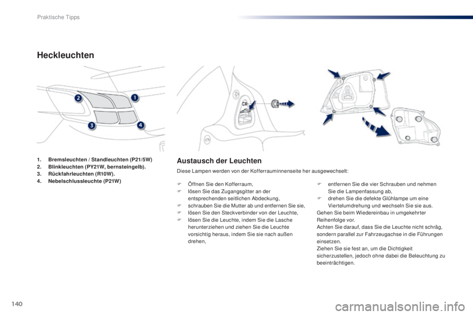 Peugeot 301 2015 Betriebsanleitung (in German) 140
301_de_Chap09_info-pratiques_ed01-2014
Austausch der Leuchten
Diese Lampen werden von der Kofferrauminnenseite her ausgewechselt:
F
Ö
ffnen Sie den Kofferraum,
F
l
ösen Sie das Zugangsgitte Peugeot 301 2015 Betriebsanleitung (in German) 140
301_de_Chap09_info-pratiques_ed01-2014
Austausch der Leuchten
Diese Lampen werden von der Kofferrauminnenseite her ausgewechselt:
F
Ö
ffnen Sie den Kofferraum,
F
l
ösen Sie das Zugangsgitte