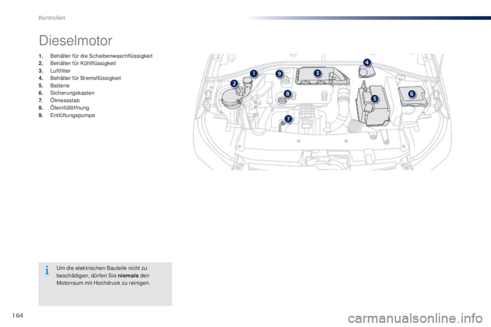 Peugeot 301 2015 Betriebsanleitung (in German) 164
301_de_Chap10_verifications_ed01-2014
Um die elektrischen Bauteile nicht zu
beschädigen, dür fen Sie niemals den
Motorraum mit Hochdruck zu reinigen.
Dieselmotor
1. Behälter für die Scheiben Peugeot 301 2015 Betriebsanleitung (in German) 164
301_de_Chap10_verifications_ed01-2014
Um die elektrischen Bauteile nicht zu
beschädigen, dür fen Sie niemals den
Motorraum mit Hochdruck zu reinigen.
Dieselmotor
1. Behälter für die Scheiben
