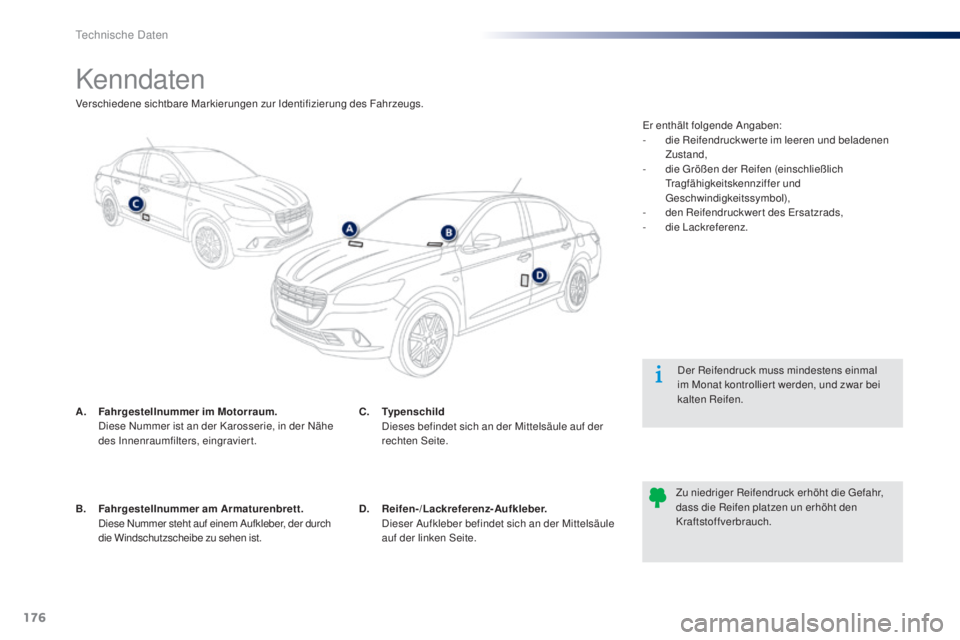 Peugeot 301 2015 Betriebsanleitung (in German) 176
301_de_Chap11_caracteristiques-techniques_ed01-2014
Kenndaten
A. Fahrgestellnummer im Motorraum. D
iese Nummer ist an der Karosserie, in der Nähe
des Innenraumfilters, eingraviert. Der Reifendr Peugeot 301 2015 Betriebsanleitung (in German) 176
301_de_Chap11_caracteristiques-techniques_ed01-2014
Kenndaten
A. Fahrgestellnummer im Motorraum. D
iese Nummer ist an der Karosserie, in der Nähe
des Innenraumfilters, eingraviert. Der Reifendr
