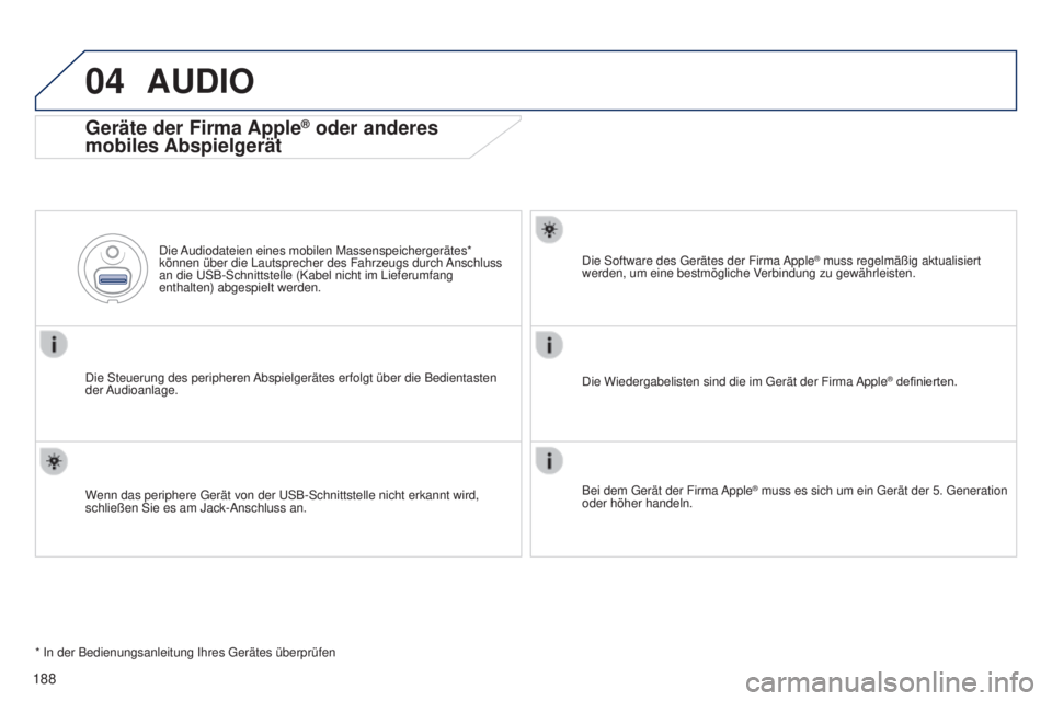 Peugeot 301 2015 Betriebsanleitung (in German) 04
188
301_de_Chap12a_RD5(RD45)_ed01-2014
AUDIO
Geräte der Firma Apple® oder anderes
mobiles Abspielgerät
Die Steuerung des peripheren Abspielgerätes erfolgt über die Bedientasten
der Audioanla Peugeot 301 2015 Betriebsanleitung (in German) 04
188
301_de_Chap12a_RD5(RD45)_ed01-2014
AUDIO
Geräte der Firma Apple® oder anderes
mobiles Abspielgerät
Die Steuerung des peripheren Abspielgerätes erfolgt über die Bedientasten
der Audioanla