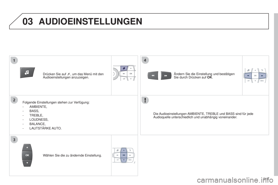 Peugeot 301 2015 Betriebsanleitung (in German) 03
219
301_de_Chap12b_RDE1_ed01-2014
Drücken Sie auf ¯, um das Menü mit den
Audioeinstellungen anzuzeigen.
Folgende Einstellungen stehen zur Verfügung:
-
AMBIENTE,
-
BASS,
-
TREBLE,
-
LOU Peugeot 301 2015 Betriebsanleitung (in German) 03
219
301_de_Chap12b_RDE1_ed01-2014
Drücken Sie auf ¯, um das Menü mit den
Audioeinstellungen anzuzeigen.
Folgende Einstellungen stehen zur Verfügung:
-
AMBIENTE,
-
BASS,
-
TREBLE,
-
LOU