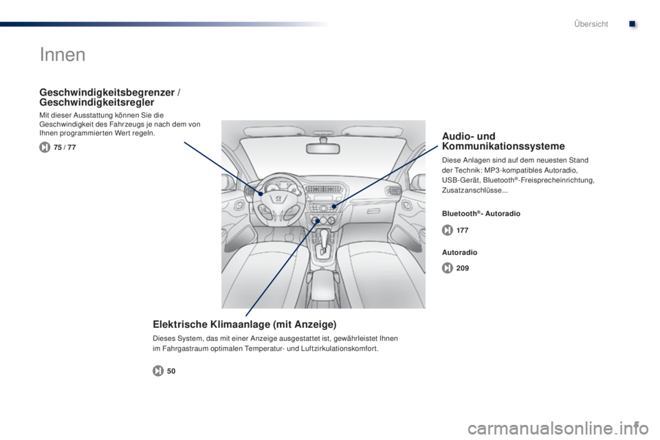 Peugeot 301 2015  Betriebsanleitung (in German) 5
17 7
209
50
75 / 77
301_de_Chap00b_vue-ensemble_ed01-2014
Innen
Elektrische Klimaanlage (mit Anzeige)
Dieses System, das mit einer Anzeige ausgestattet ist, gewährleistet Ihnen 
im Fahrgastraum opt