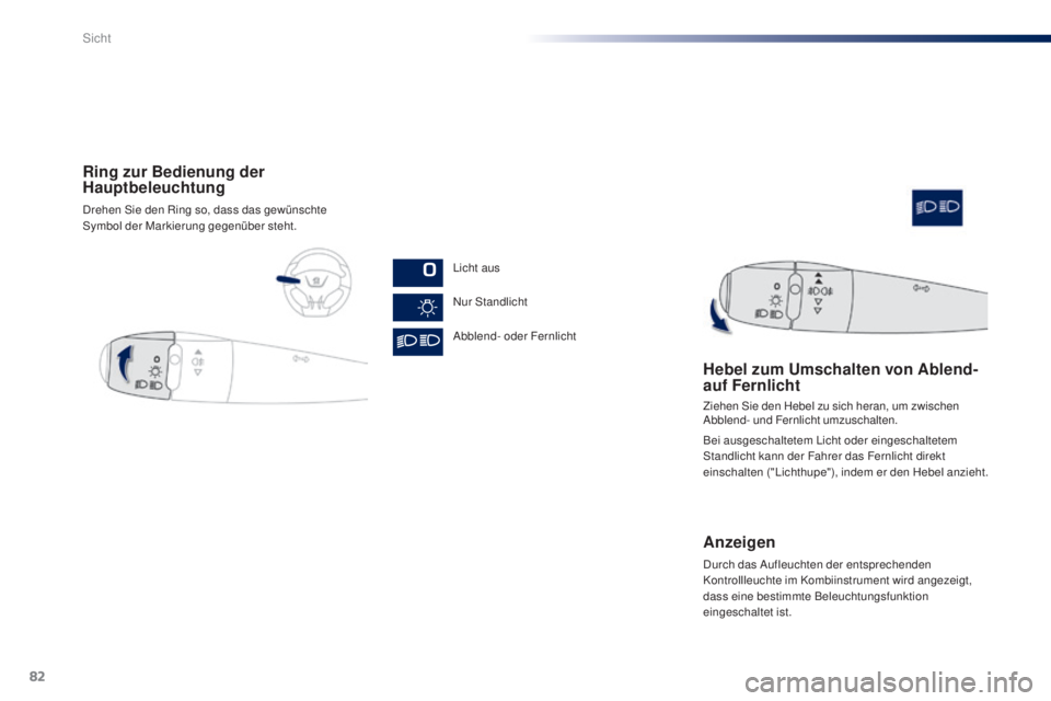 Peugeot 301 2015 Betriebsanleitung (in German) 82
301_de_Chap06_visibilite_ed01-2014
Ring zur Bedienung der
Hauptbeleuchtung
Drehen Sie den Ring so, dass das gewünschte
Symbol der Markierung gegenüber steht.Licht aus
Nur Standlicht
Abblend- od Peugeot 301 2015 Betriebsanleitung (in German) 82
301_de_Chap06_visibilite_ed01-2014
Ring zur Bedienung der
Hauptbeleuchtung
Drehen Sie den Ring so, dass das gewünschte
Symbol der Markierung gegenüber steht.Licht aus
Nur Standlicht
Abblend- od