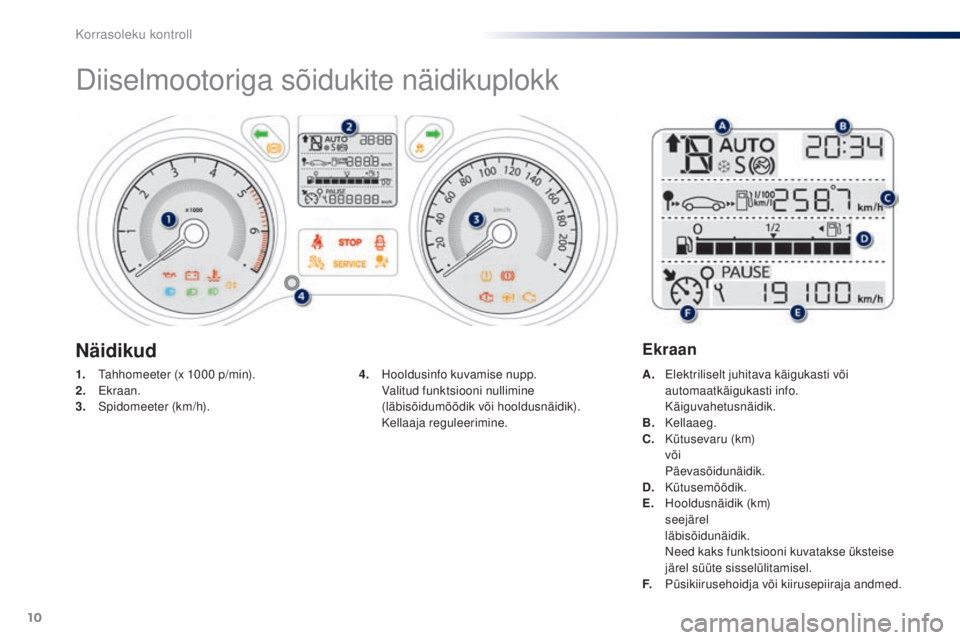 Peugeot 301 2015  Omaniku käsiraamat (in Estonian) 10
Diiselmootoriga sõidukite näidikuplokk
1. Tahhomeeter (x 1000  p/min).
2. Ek raan.
3.
 S

pidomeeter (km/h). A. E
lektriliselt juhitava käigukasti või 
automaatkäigukasti info.
 

Käiguvahetu