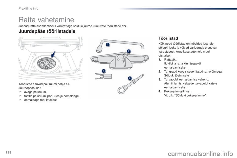 Peugeot 301 2015 Omaniku käsiraamat (in Estonian) 128
301_et_Chap09_info-pratiques_ed01-2014
Ratta vahetamine
Tööriistad asuvad pakiruumi põhja all.
Juurdepääsuks :
F
a
vage pakiruum,
F
t
õstke pakiruumi põhi üles ja eemaldage,
F
e
em Peugeot 301 2015 Omaniku käsiraamat (in Estonian) 128
301_et_Chap09_info-pratiques_ed01-2014
Ratta vahetamine
Tööriistad asuvad pakiruumi põhja all.
Juurdepääsuks :
F
a
vage pakiruum,
F
t
õstke pakiruumi põhi üles ja eemaldage,
F
e
em