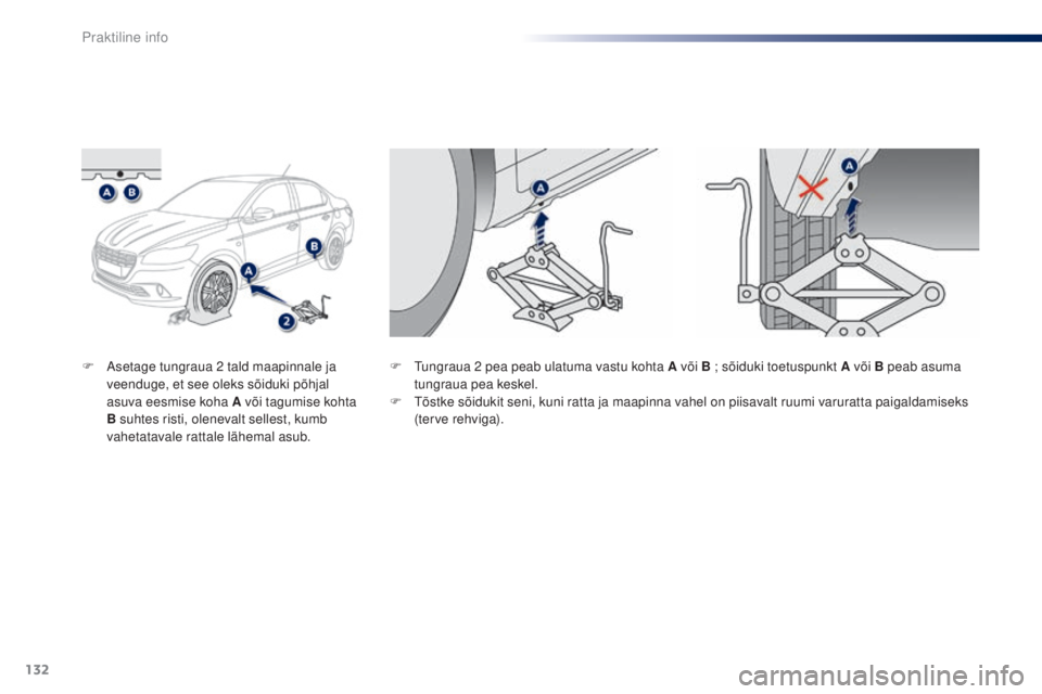 Peugeot 301 2015 Omaniku käsiraamat (in Estonian) 132
301_et_Chap09_info-pratiques_ed01-2014
F Asetage tungraua 2 tald maapinnale ja veenduge, et see oleks sõiduki põhjal
asuva eesmise koha A või tagumise kohta
B suhtes risti, olenevalt sellest, Peugeot 301 2015 Omaniku käsiraamat (in Estonian) 132
301_et_Chap09_info-pratiques_ed01-2014
F Asetage tungraua 2 tald maapinnale ja veenduge, et see oleks sõiduki põhjal
asuva eesmise koha A või tagumise kohta
B suhtes risti, olenevalt sellest,