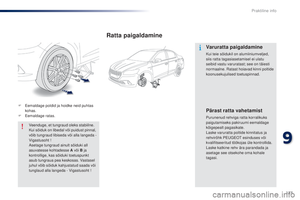 Peugeot 301 2015 Omaniku käsiraamat (in Estonian) 133
301_et_Chap09_info-pratiques_ed01-2014
F Eemaldage poldid ja hoidke neid puhtas kohas.
F
E
emaldage ratas.Veenduge, et tungraud oleks stabiilne.
Kui sõiduk on libedal või puidust pinnal,
v Peugeot 301 2015 Omaniku käsiraamat (in Estonian) 133
301_et_Chap09_info-pratiques_ed01-2014
F Eemaldage poldid ja hoidke neid puhtas kohas.
F
E
emaldage ratas.Veenduge, et tungraud oleks stabiilne.
Kui sõiduk on libedal või puidust pinnal,
v