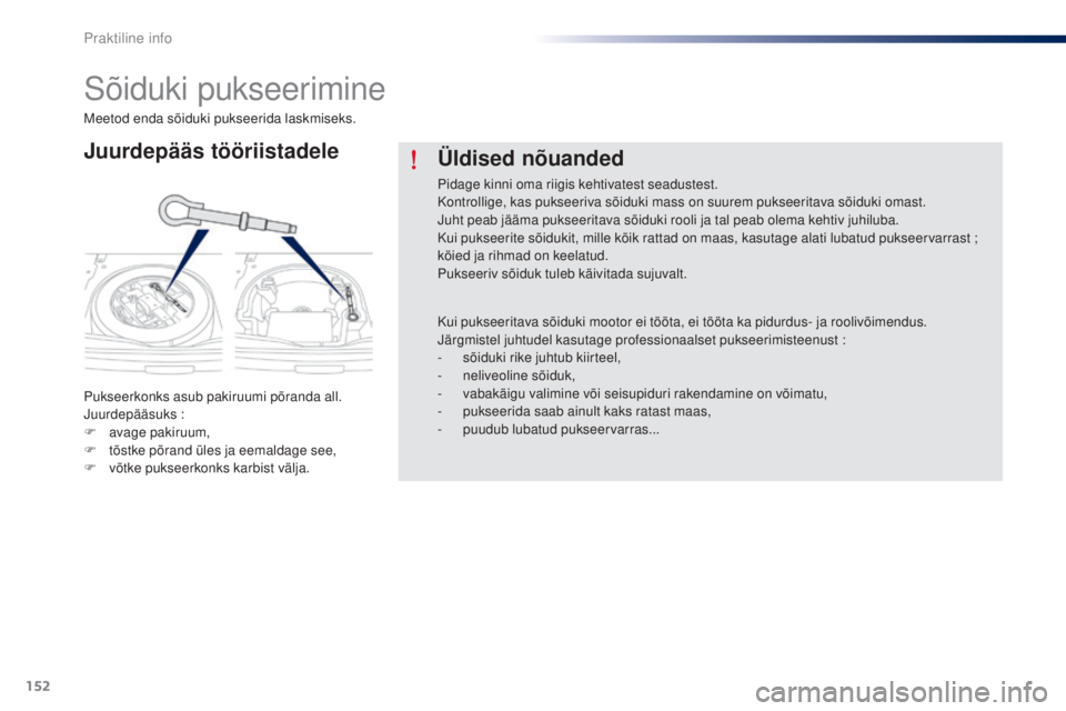 Peugeot 301 2015 Omaniku käsiraamat (in Estonian) 152
301_et_Chap09_info-pratiques_ed01-2014
Sõiduki pukseerimine
Juurdepääs tööriistadele
Pukseerkonks asub pakiruumi põranda all.
Juurdepääsuks :
F
a
vage pakiruum,
F
t
õstke põrand ül Peugeot 301 2015 Omaniku käsiraamat (in Estonian) 152
301_et_Chap09_info-pratiques_ed01-2014
Sõiduki pukseerimine
Juurdepääs tööriistadele
Pukseerkonks asub pakiruumi põranda all.
Juurdepääsuks :
F
a
vage pakiruum,
F
t
õstke põrand ül