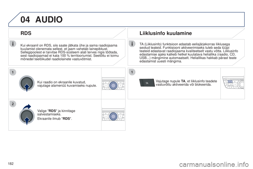 Peugeot 301 2015  Omaniku käsiraamat (in Estonian) 04
TA
182
301_et_Chap12a_RD5(RD45)_ed01-2014
Kui ekraanil on RDS, siis saate jätkata ühe ja sama raadiojaama 
kuulamist olenemata sellest, et jaam vahetab lainepikkust. 
Sellegipoolest ei tarvitse R