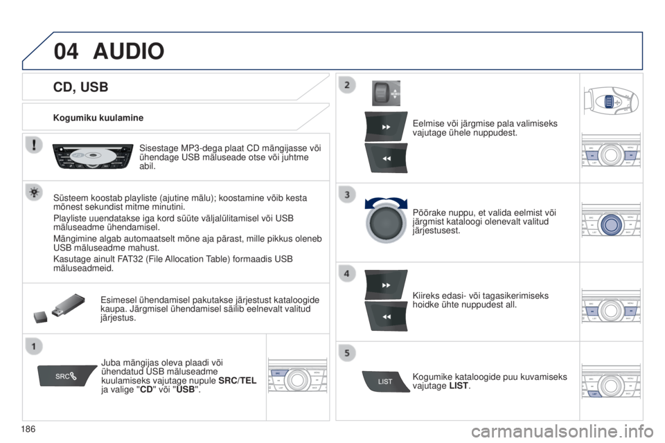 Peugeot 301 2015  Omaniku käsiraamat (in Estonian) 04
186
301_et_Chap12a_RD5(RD45)_ed01-2014
CD, USB
AUDIO
Kogumiku kuulamineSisestage MP3-dega plaat CD mängijasse või 
ühendage USB mäluseade otse või juhtme 
abil.
Süsteem koostab playliste (aju