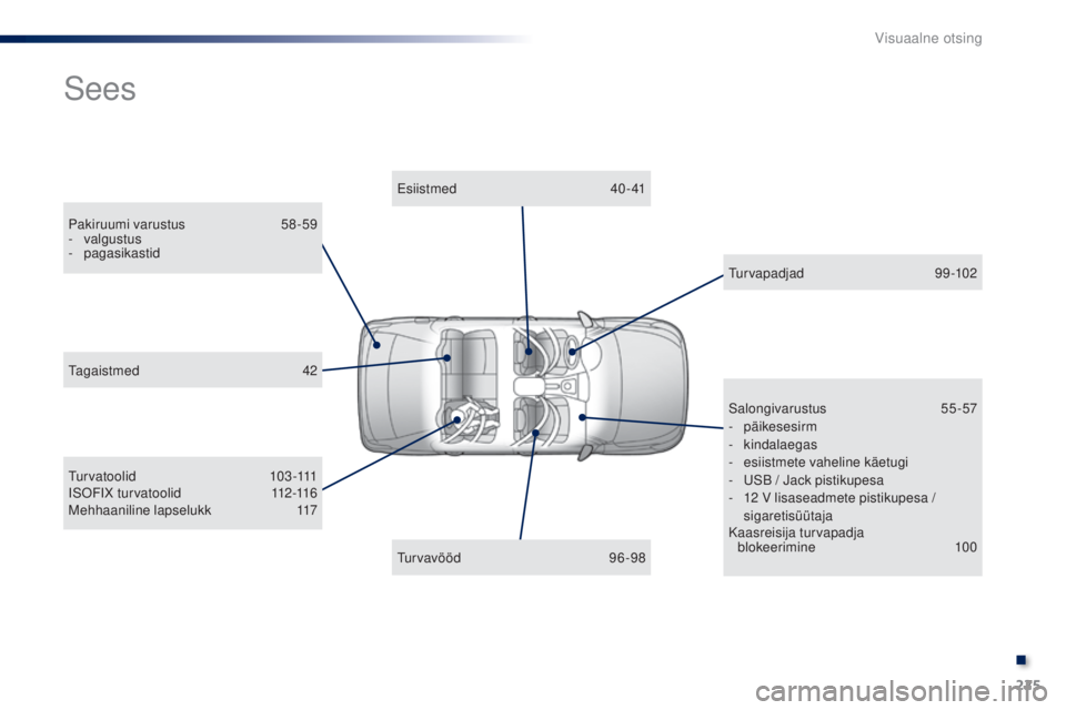 Peugeot 301 2015 Omaniku käsiraamat (in Estonian) 225
301_et_Chap13_recherche-visuelle_ed01-2014
Sees
Pakiruumi varustus 58-59
- valgustus
-
pagasikastid Esiistmed
40- 41
Tu r v a t o o l i d
1 0 3 -111
I S O F I X t u r v a t o o l i d
1 Peugeot 301 2015 Omaniku käsiraamat (in Estonian) 225
301_et_Chap13_recherche-visuelle_ed01-2014
Sees
Pakiruumi varustus 58-59
- valgustus
-
pagasikastid Esiistmed
40- 41
Tu r v a t o o l i d
1 0 3 -111
I S O F I X t u r v a t o o l i d
1