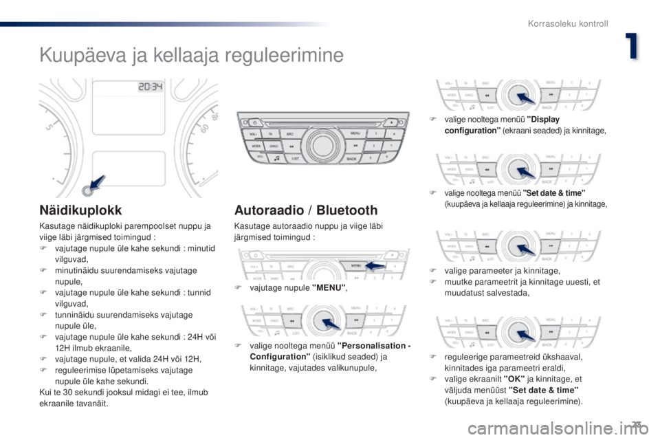 Peugeot 301 2015  Omaniku käsiraamat (in Estonian) 23
301_et_Chap01_controle-de-marche_ed01-2014
Kuupäeva ja kellaaja reguleerimine
Näidikuplokk
Kasutage näidikuploki parempoolset nuppu ja 
viige läbi järgmised toimingud :
F
 
v
 ajutage nupule �
