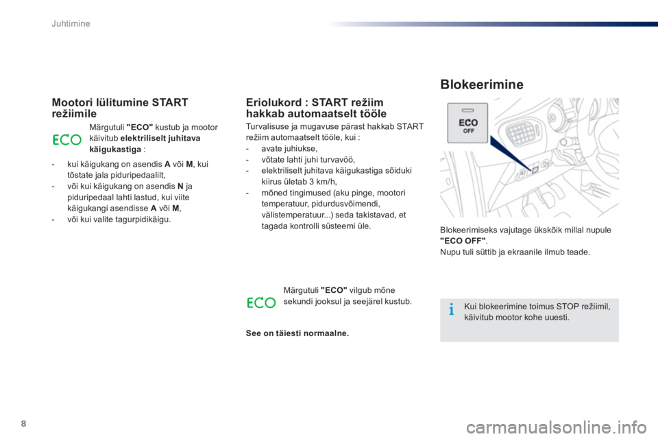 Peugeot 301 2015  Omaniku käsiraamat (in Estonian) 8
Juhtimine
   
Blokeerimine 
 
 
Mootori lülitumine START 
režiimile 
  Blokeerimiseks vajutage ükskõik millal nupule 
  "ECO OFF" 
. 
  Nupu tuli süttib ja ekraanile ilmub teade. 
 
 
Eriolukor