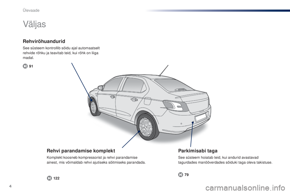 Peugeot 301 2015  Omaniku käsiraamat (in Estonian) 4
91122 79
301_et_Chap00b_vue-ensemble_ed01-2014
Rehvirõhuandurid
See süsteem kontrollib sõidu ajal automaatselt 
rehvide rõhku ja teavitab teid, kui rõhk on liiga 
madal.
Väljas
Rehvi parandami