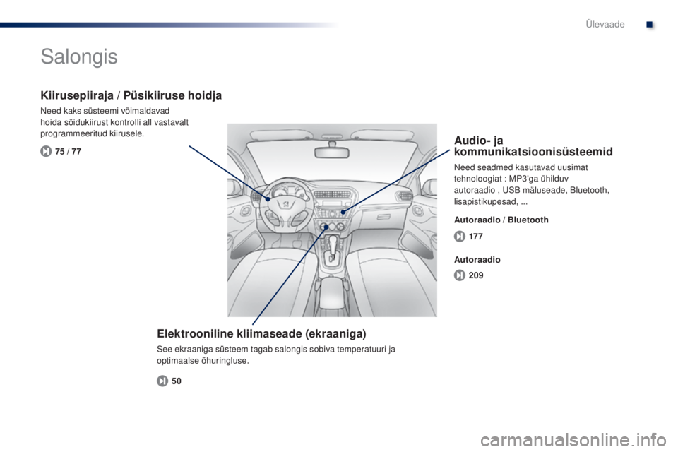 Peugeot 301 2015  Omaniku käsiraamat (in Estonian) 5
17 7
209
50
75 / 77
301_et_Chap00b_vue-ensemble_ed01-2014
Salongis
Elektrooniline kliimaseade (ekraaniga)
See ekraaniga süsteem tagab salongis sobiva temperatuuri ja 
optimaalse õhuringluse.
Kiiru