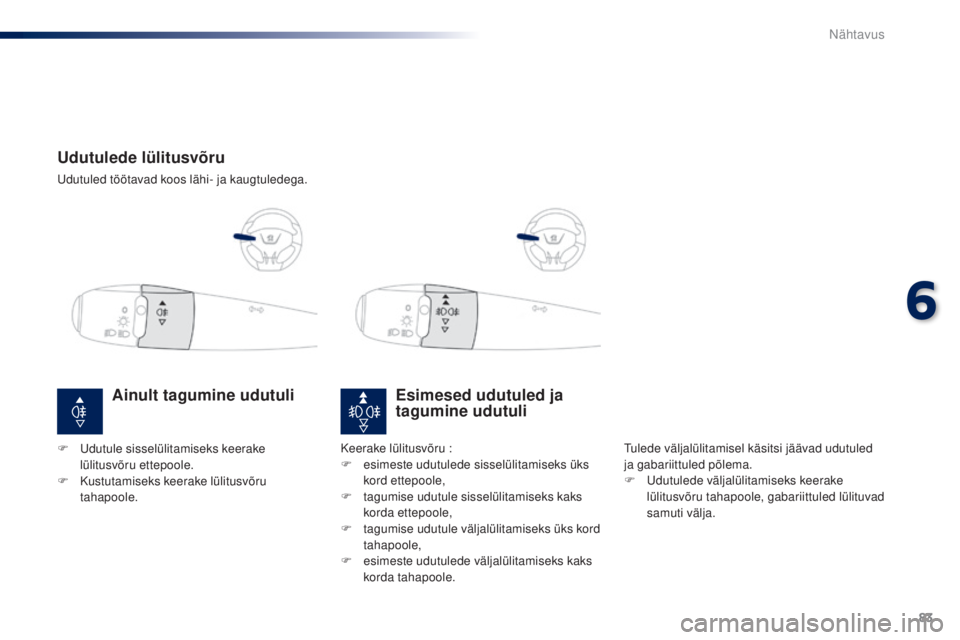 Peugeot 301 2015 Omaniku käsiraamat (in Estonian) 83
301_et_Chap06_visibilite_ed01-2014
Udutulede lülitusvõru
Udutuled töötavad koos lähi- ja kaugtuledega.
Esimesed udutuled ja
tagumine udutuli
Tulede väljalülitamisel käsitsi jäävad udutul Peugeot 301 2015 Omaniku käsiraamat (in Estonian) 83
301_et_Chap06_visibilite_ed01-2014
Udutulede lülitusvõru
Udutuled töötavad koos lähi- ja kaugtuledega.
Esimesed udutuled ja
tagumine udutuli
Tulede väljalülitamisel käsitsi jäävad udutul