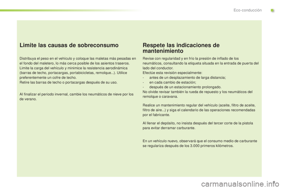 Peugeot 301 2015 Manual del propietario (in Spanish) 9
Limite las causas de sobreconsumo
Distribuya el peso en el vehículo y coloque las maletas más pesadas en
el fondo del maletero, lo más cerca posible de los asientos traseros.
Limite la carga del Peugeot 301 2015 Manual del propietario (in Spanish) 9
Limite las causas de sobreconsumo
Distribuya el peso en el vehículo y coloque las maletas más pesadas en
el fondo del maletero, lo más cerca posible de los asientos traseros.
Limite la carga del
