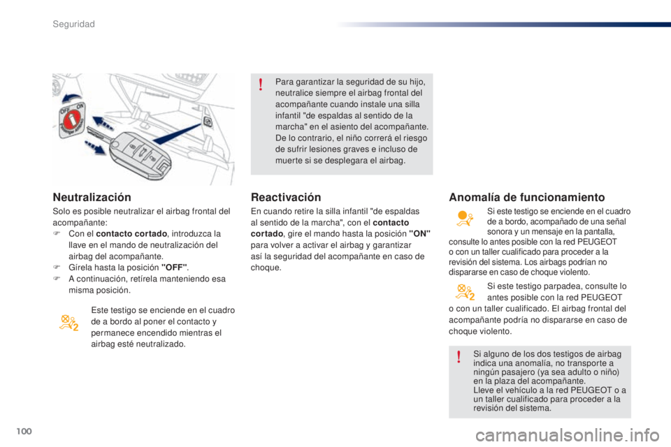 Peugeot 301 2015  Manual del propietario (in Spanish) 100
301_es_Chap07_securite_ed01-2014
Neutralización
Este testigo se enciende en el cuadro 
de a bordo al poner el contacto y 
permanece encendido mientras el 
airbag esté neutralizado.Para garantiza