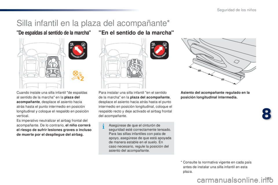 Peugeot 301 2015  Manual del propietario (in Spanish) 105
301_es_Chap08_securite-enfants_ed01-2014
Silla infantil en la plaza del acompañante*
"De espaldas al sentido de la marcha""En el sentido de la marcha"
Asiento del acompañante reg