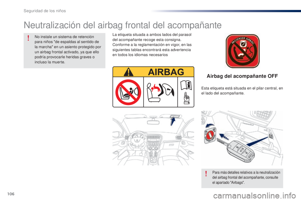 Peugeot 301 2015  Manual del propietario (in Spanish) 106
301_es_Chap08_securite-enfants_ed01-2014
Airbag del acompañante OFF
Neutralización del airbag frontal del acompañante
No instale un sistema de retención 
para niños "de espaldas al sentid