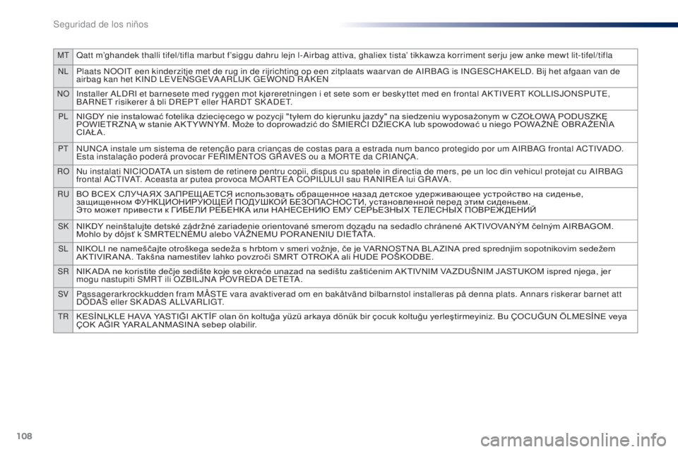 Peugeot 301 2015  Manual del propietario (in Spanish) 108
MTQatt m’ghandek thalli tifel/tifla marbut f’siggu dahru lejn l-Airbag attiva, ghaliex tista’ tikkawza korriment serju jew anke mewt lit-tifel/tifla
NLPlaats NOOIT een kinderzitje met de rug