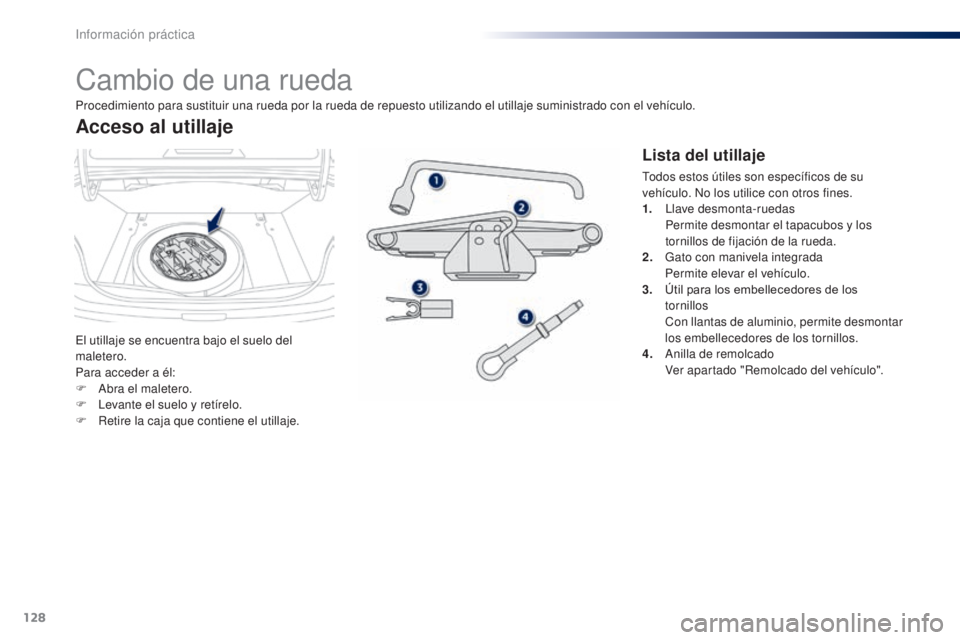 Peugeot 301 2015 Manual del propietario (in Spanish) 128
301_es_Chap09_info-pratiques_ed01-2014
Cambio de una rueda
El utillaje se encuentra bajo el suelo del
maletero.
Para acceder a él:
F
A
bra el maletero.
F
L
evante el suelo y retírelo.
F
Peugeot 301 2015 Manual del propietario (in Spanish) 128
301_es_Chap09_info-pratiques_ed01-2014
Cambio de una rueda
El utillaje se encuentra bajo el suelo del
maletero.
Para acceder a él:
F
A
bra el maletero.
F
L
evante el suelo y retírelo.
F