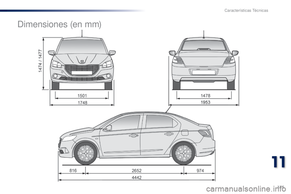 Peugeot 301 2015 Manual del propietario (in Spanish) 175
301_es_Chap11_caracteristiques-techniques_ed01-2014
Dimensiones (en mm)
11
Características Técnicas Peugeot 301 2015 Manual del propietario (in Spanish) 175
301_es_Chap11_caracteristiques-techniques_ed01-2014
Dimensiones (en mm)
11
Características Técnicas