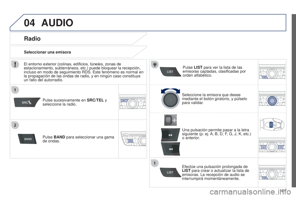 Peugeot 301 2015 Manual del propietario (in Spanish) 04
181
301_es_Chap12a_RD5(RD45)_ed01-2014
AUDIO
Pulse sucesivamente en SRC/TEL y
seleccione la radio.
Pulse BAND para seleccionar una gama
de ondas. Pulse LIST para ver la lista de las
emisoras ca Peugeot 301 2015 Manual del propietario (in Spanish) 04
181
301_es_Chap12a_RD5(RD45)_ed01-2014
AUDIO
Pulse sucesivamente en SRC/TEL y
seleccione la radio.
Pulse BAND para seleccionar una gama
de ondas. Pulse LIST para ver la lista de las
emisoras ca