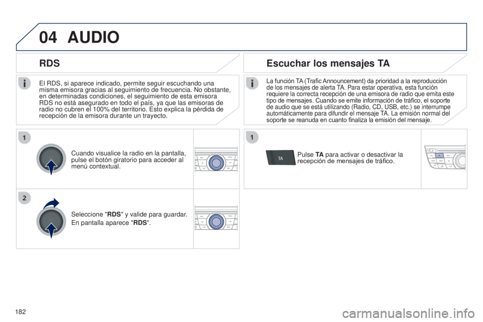 Peugeot 301 2015 Manual del propietario (in Spanish) 04
TA
182
301_es_Chap12a_RD5(RD45)_ed01-2014
El RDS, si aparece indicado, permite seguir escuchando una
misma emisora gracias al seguimiento de frecuencia. No obstante,
en determinadas condiciones, Peugeot 301 2015 Manual del propietario (in Spanish) 04
TA
182
301_es_Chap12a_RD5(RD45)_ed01-2014
El RDS, si aparece indicado, permite seguir escuchando una
misma emisora gracias al seguimiento de frecuencia. No obstante,
en determinadas condiciones,