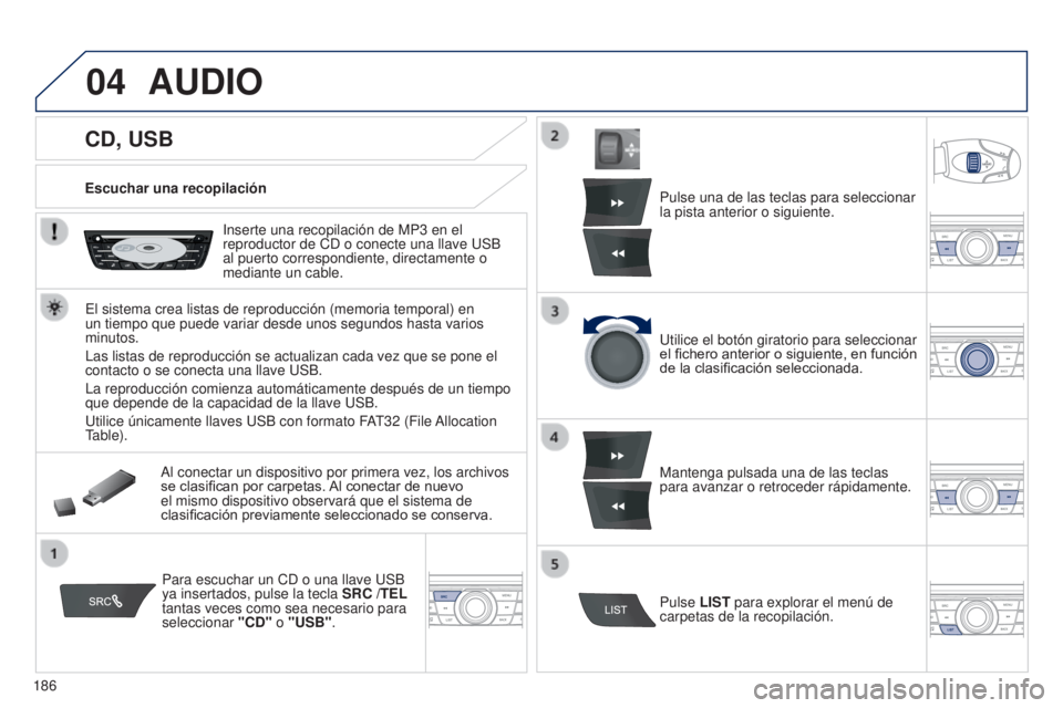 Peugeot 301 2015 Manual del propietario (in Spanish) 04
186
301_es_Chap12a_RD5(RD45)_ed01-2014
CD, USB
AUDIO
Escuchar una recopilaciónInserte una recopilación de MP3 en el
reproductor de CD o conecte una llave USB
al puerto correspondiente, direct Peugeot 301 2015 Manual del propietario (in Spanish) 04
186
301_es_Chap12a_RD5(RD45)_ed01-2014
CD, USB
AUDIO
Escuchar una recopilaciónInserte una recopilación de MP3 en el
reproductor de CD o conecte una llave USB
al puerto correspondiente, direct
