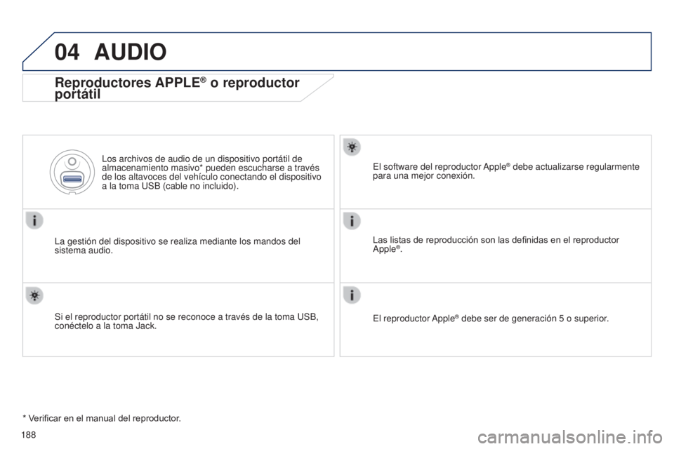Peugeot 301 2015 Manual del propietario (in Spanish) 04
188
301_es_Chap12a_RD5(RD45)_ed01-2014
AUDIO
Reproductores APPLE® o reproductor
portátil
La gestión del dispositivo se realiza mediante los mandos del
sistema audio. Los archivos de audio de u Peugeot 301 2015 Manual del propietario (in Spanish) 04
188
301_es_Chap12a_RD5(RD45)_ed01-2014
AUDIO
Reproductores APPLE® o reproductor
portátil
La gestión del dispositivo se realiza mediante los mandos del
sistema audio. Los archivos de audio de u