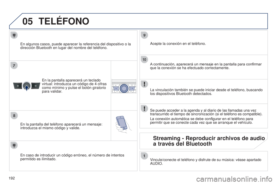 Peugeot 301 2015 Manual del propietario (in Spanish) 05
192
301_es_Chap12a_RD5(RD45)_ed01-2014
TELéFONO
En la pantalla aparecerá un teclado
virtual: introduzca un código de 4 cifras
como mínimo y pulse el botón giratorio
para validar.
En la Peugeot 301 2015 Manual del propietario (in Spanish) 05
192
301_es_Chap12a_RD5(RD45)_ed01-2014
TELéFONO
En la pantalla aparecerá un teclado
virtual: introduzca un código de 4 cifras
como mínimo y pulse el botón giratorio
para validar.
En la