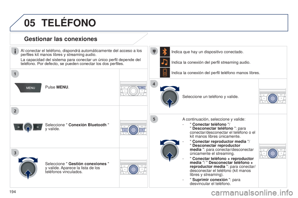 Peugeot 301 2015 Manual del propietario (in Spanish) 05
194
301_es_Chap12a_RD5(RD45)_ed01-2014
TELéFONO
Al conectar el teléfono, dispondrá automáticamente del acceso a\
los
perfiles kit manos libres y streaming audio.
La capacidad del sistema Peugeot 301 2015 Manual del propietario (in Spanish) 05
194
301_es_Chap12a_RD5(RD45)_ed01-2014
TELéFONO
Al conectar el teléfono, dispondrá automáticamente del acceso a\
los
perfiles kit manos libres y streaming audio.
La capacidad del sistema