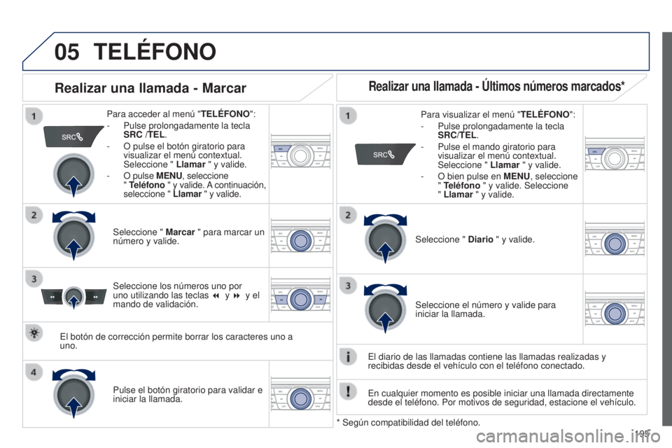 Peugeot 301 2015 Manual del propietario (in Spanish) 05
195
301_es_Chap12a_RD5(RD45)_ed01-2014
TELéFONO
Para acceder al menú " TEL é FONO":
-
Pulse prolongadamente la tecla
SRC
/TEL.
-
O pulse el botón giratorio para
visualizar Peugeot 301 2015 Manual del propietario (in Spanish) 05
195
301_es_Chap12a_RD5(RD45)_ed01-2014
TELéFONO
Para acceder al menú " TEL é FONO":
-
Pulse prolongadamente la tecla
SRC
/TEL.
-
O pulse el botón giratorio para
visualizar