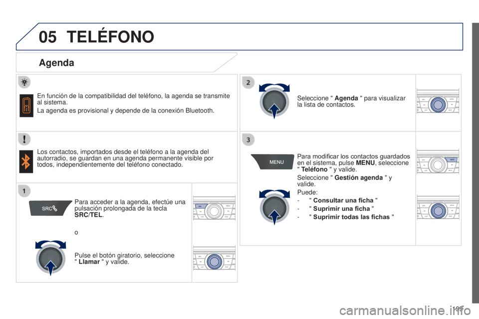 Peugeot 301 2015 Manual del propietario (in Spanish) 05
199
301_es_Chap12a_RD5(RD45)_ed01-2014
TELéFONO
Agenda
En función de la compatibilidad del teléfono, la agenda se transmi\
te
al sistema.
La agenda es provisional y depende de la cone Peugeot 301 2015 Manual del propietario (in Spanish) 05
199
301_es_Chap12a_RD5(RD45)_ed01-2014
TELéFONO
Agenda
En función de la compatibilidad del teléfono, la agenda se transmi\
te
al sistema.
La agenda es provisional y depende de la cone