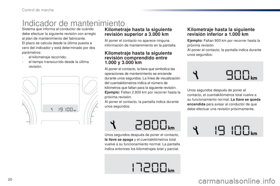 Peugeot 301 2015  Manual del propietario (in Spanish) 20
Indicador de mantenimiento
Kilometraje hasta la siguiente 
revisión superior a 3.000  km
Al poner el contacto no aparece ninguna 
información de mantenimiento en la pantalla.
Sistema que informa 