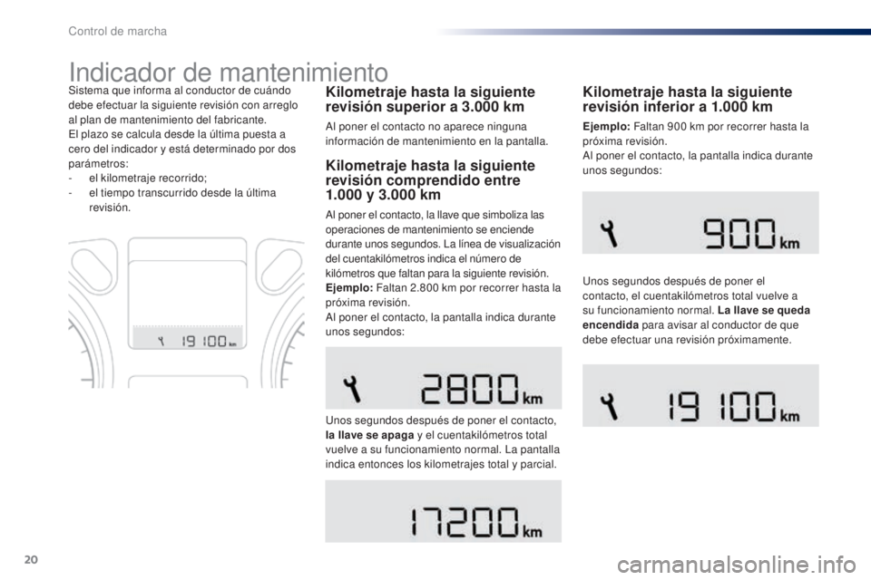Peugeot 301 2015 Manual del propietario (in Spanish) 20
Indicador de mantenimiento
Kilometraje hasta la siguiente
revisión superior a 3.000 km
Al poner el contacto no aparece ninguna
información de mantenimiento en la pantalla.
Sistema que informa Peugeot 301 2015 Manual del propietario (in Spanish) 20
Indicador de mantenimiento
Kilometraje hasta la siguiente
revisión superior a 3.000 km
Al poner el contacto no aparece ninguna
información de mantenimiento en la pantalla.
Sistema que informa