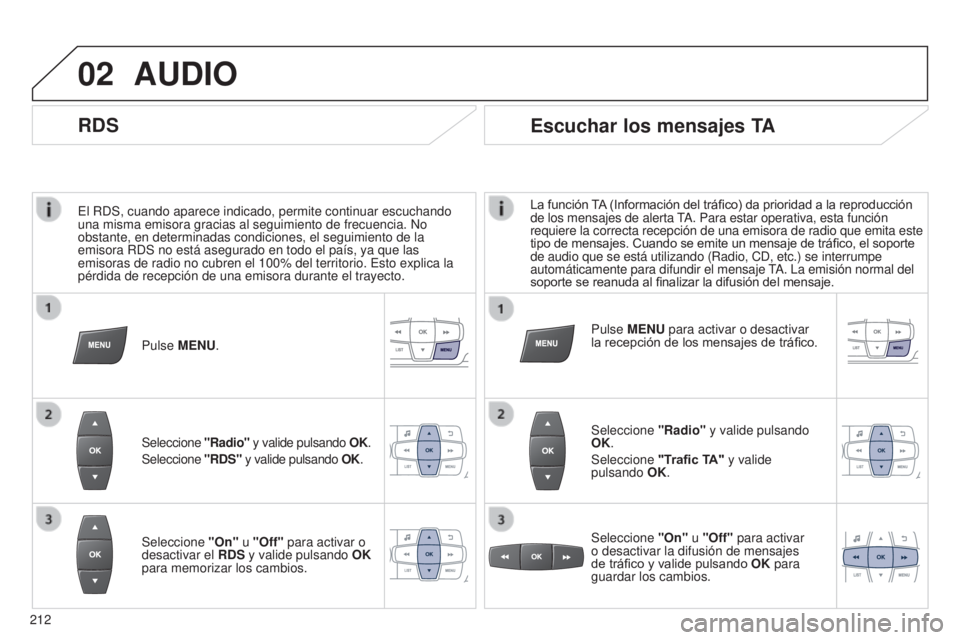 Peugeot 301 2015 Manual del propietario (in Spanish) 02
212
301_es_Chap12b_RDE1_ed01-2014
El RDS, cuando aparece indicado, permite continuar escuchando
una misma emisora gracias al seguimiento de frecuencia. No
obstante, en determinadas condiciones, e Peugeot 301 2015 Manual del propietario (in Spanish) 02
212
301_es_Chap12b_RDE1_ed01-2014
El RDS, cuando aparece indicado, permite continuar escuchando
una misma emisora gracias al seguimiento de frecuencia. No
obstante, en determinadas condiciones, e