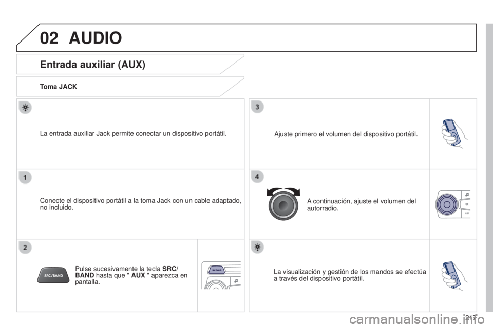 Peugeot 301 2015  Manual del propietario (in Spanish) 02
217
301_es_Chap12b_RDE1_ed01-2014
AUDIO
Entrada auxiliar (AUX)
Toma JACK
Conecte el dispositivo portátil a la toma Jack con un cable adaptado,\
 
no incluido. La entrada auxiliar Jack permite cone