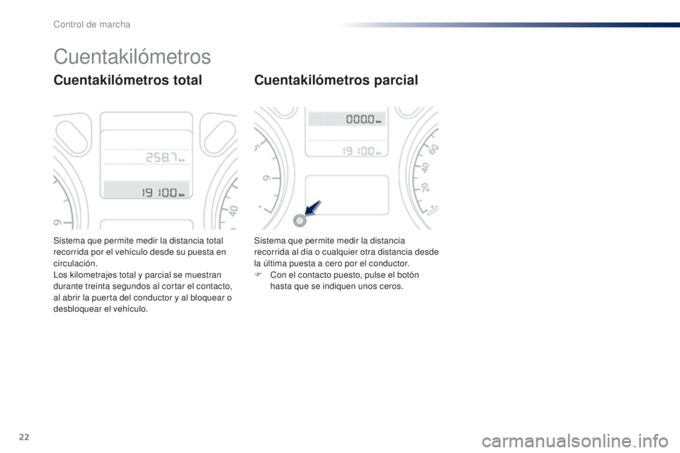 Peugeot 301 2015 Manual del propietario (in Spanish) 22
Sistema que permite medir la distancia total
recorrida por el vehículo desde su puesta en
circulación.
Los kilometrajes total y parcial se muestran
durante treinta segundos al cortar el contac Peugeot 301 2015 Manual del propietario (in Spanish) 22
Sistema que permite medir la distancia total
recorrida por el vehículo desde su puesta en
circulación.
Los kilometrajes total y parcial se muestran
durante treinta segundos al cortar el contac