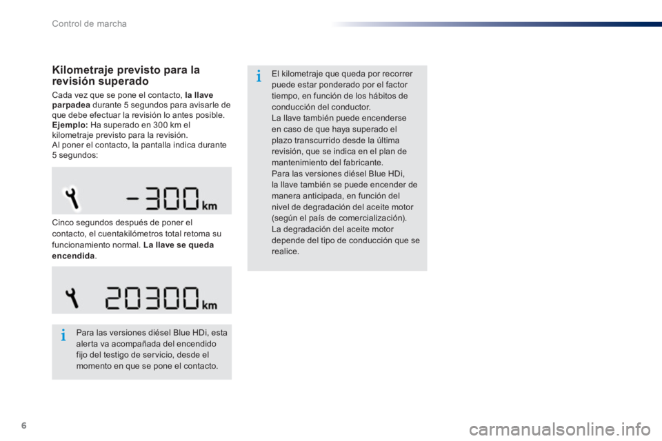Peugeot 301 2015 Manual del propietario (in Spanish) 6
Control de marcha
Kilometraje previsto para la
revisión superado
Cada vez que se pone el contacto, la llave
parpadea
durante 5 segundos para avisarle de
que debe efectuar la revisión Peugeot 301 2015 Manual del propietario (in Spanish) 6
Control de marcha
Kilometraje previsto para la
revisión superado
Cada vez que se pone el contacto, la llave
parpadea
durante 5 segundos para avisarle de
que debe efectuar la revisión