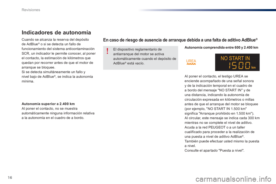 Peugeot 301 2015  Manual del propietario (in Spanish) 16
Revisiones
   
 
 
 
 
Indicadores de autonomía 
 
 
Cuando se alcanza la reser va del depósito 
de AdBlue ®   o si se detecta un fallo de 
funcionamiento del sistema anticontaminación 
SCR, un