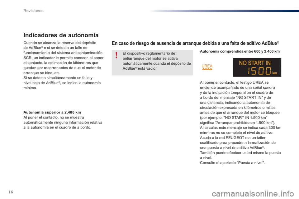 Peugeot 301 2015 Manual del propietario (in Spanish) 16
Revisiones
Indicadores de autonomía
Cuando se alcanza la reser va del depósito
de AdBlue ® o si se detecta un fallo de
funcionamiento del sistema anticontaminación
SCR, un Peugeot 301 2015 Manual del propietario (in Spanish) 16
Revisiones
Indicadores de autonomía
Cuando se alcanza la reser va del depósito
de AdBlue ® o si se detecta un fallo de
funcionamiento del sistema anticontaminación
SCR, un