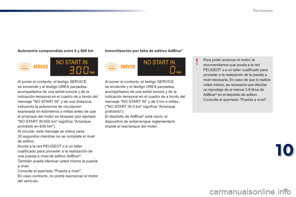 Peugeot 301 2015  Manual del propietario (in Spanish) 17
10
Revisiones
   
 
Inmovilización por falta de aditivo AdBlue ® 
 
 
  Al poner el contacto, el testigo SERVICE 
se enciende y el testigo UREA parpadea, 
acompañados de una señal sonora y de l