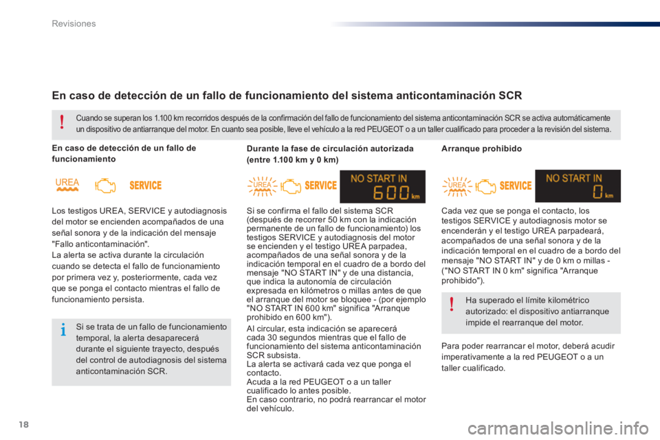 Peugeot 301 2015 Manual del propietario (in Spanish) 18
Revisiones
Arranque prohibido
Cada vez que se ponga el contacto, los
testigos SERVICE y autodiagnosis motor se
encenderán y el testigo UREA parpadeará,
acompañados de una señal so Peugeot 301 2015 Manual del propietario (in Spanish) 18
Revisiones
Arranque prohibido
Cada vez que se ponga el contacto, los
testigos SERVICE y autodiagnosis motor se
encenderán y el testigo UREA parpadeará,
acompañados de una señal so