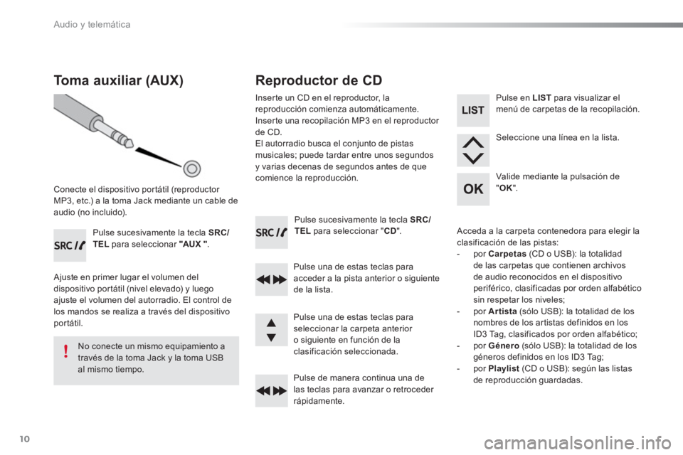 Peugeot 301 2015 Manual del propietario (in Spanish) Audio y telemática
10
Pulse sucesivamente la tecla SRC/
TEL
para seleccionar " CD
".
Pulse una de estas teclas para
acceder a la pista anterior o siguiente
de la lista.
Pulse Peugeot 301 2015 Manual del propietario (in Spanish) Audio y telemática
10
Pulse sucesivamente la tecla SRC/
TEL
para seleccionar " CD
".
Pulse una de estas teclas para
acceder a la pista anterior o siguiente
de la lista.
Pulse