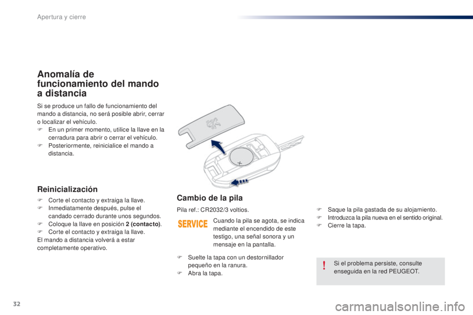 Peugeot 301 2015  Manual del propietario (in Spanish) 32
301_es_Chap02_ouvertures_ed01-2014
Si el problema persiste, consulte 
enseguida en la red PEUGEOT.
Cuando la pila se agota, se indica 
mediante el encendido de este 
testigo, una señal sonora y un