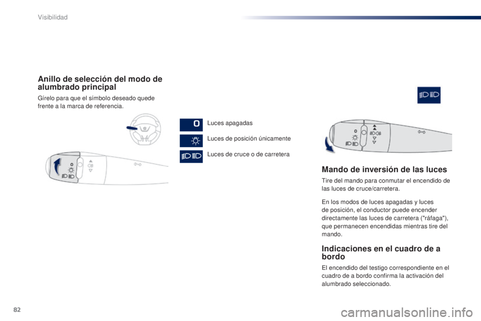 Peugeot 301 2015 Manual del propietario (in Spanish) 82
301_es_Chap06_visibilite_ed01-2014
Anillo de selección del modo de
alumbrado principal
Gírelo para que el símbolo deseado quede
frente a la marca de referencia.Luces apagadas
Luces de posició Peugeot 301 2015 Manual del propietario (in Spanish) 82
301_es_Chap06_visibilite_ed01-2014
Anillo de selección del modo de
alumbrado principal
Gírelo para que el símbolo deseado quede
frente a la marca de referencia.Luces apagadas
Luces de posició